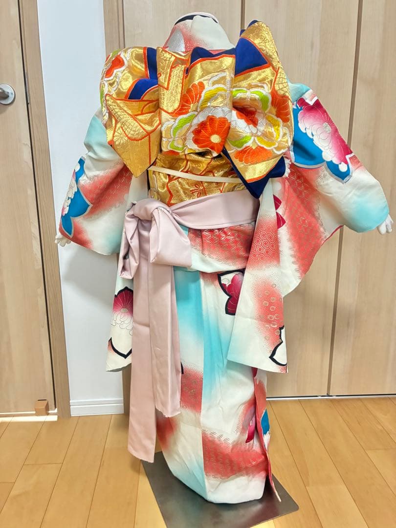 七五三 七歳女の子 着物 水色 ピンク ぼかし 花柄