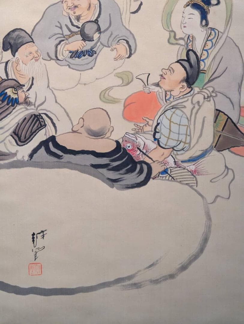 【真作】掛軸　尾竹越堂　福寿人物図　吉祥画　長寿・繁栄祈願の縁起絵　合箱入　V9
