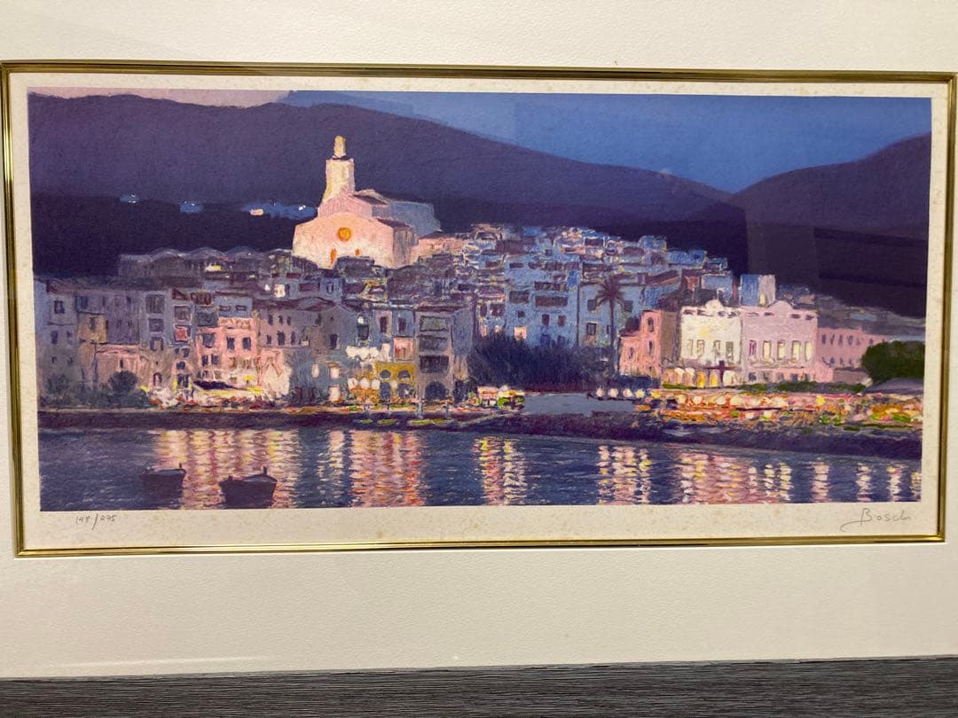 リトグラフ 風景画【フランシスコ・ボッシュ】 「教会の見える夜景」額装 挿し箱有