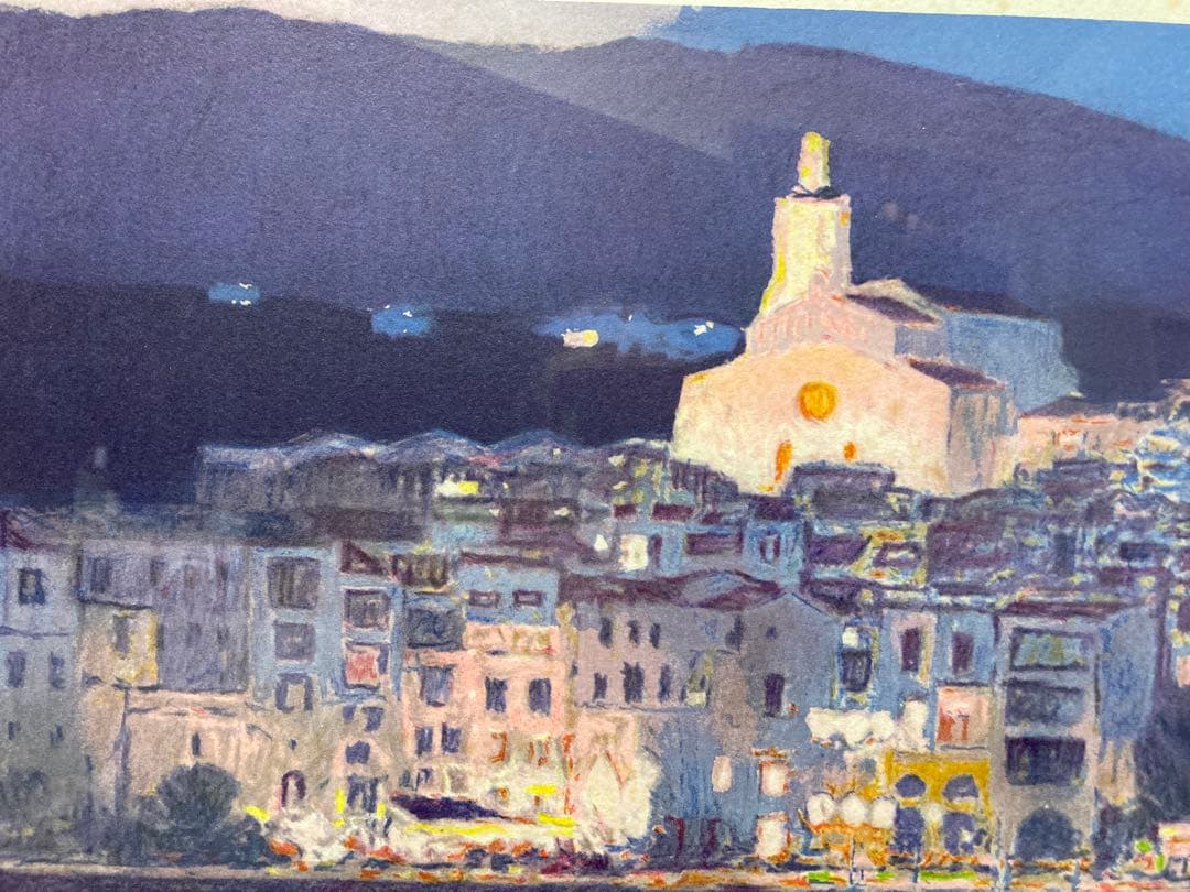 リトグラフ 風景画【フランシスコ・ボッシュ】 「教会の見える夜景」額装 挿し箱有