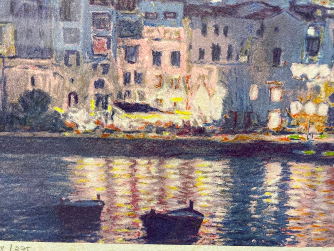 リトグラフ 風景画【フランシスコ・ボッシュ】 「教会の見える夜景」額装 挿し箱有