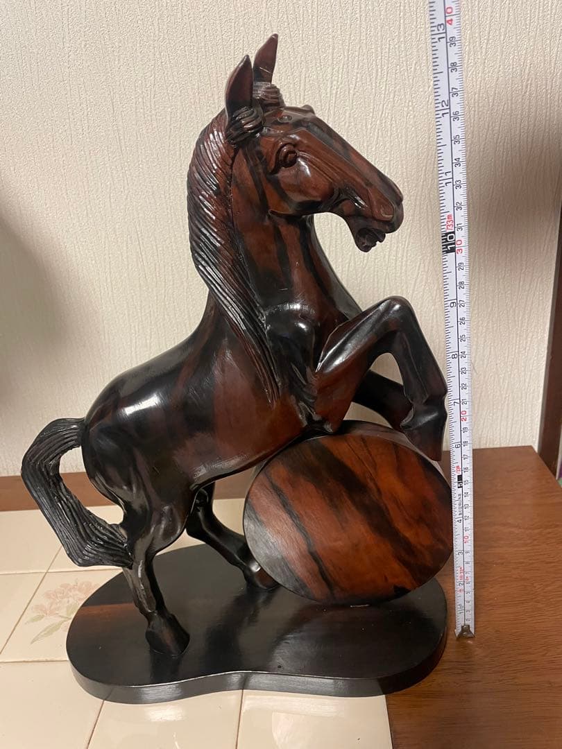 ビンテージ　天然木　無垢材　縞黒檀　跳ね馬　縁起物　置物　レトロ　彫刻　骨董品