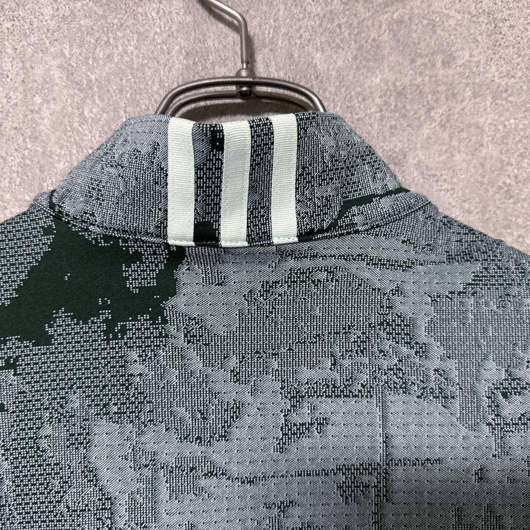 adidas アディダス 総柄 ハーフジップ シャツ ロゴ 長袖 グリーン系 M