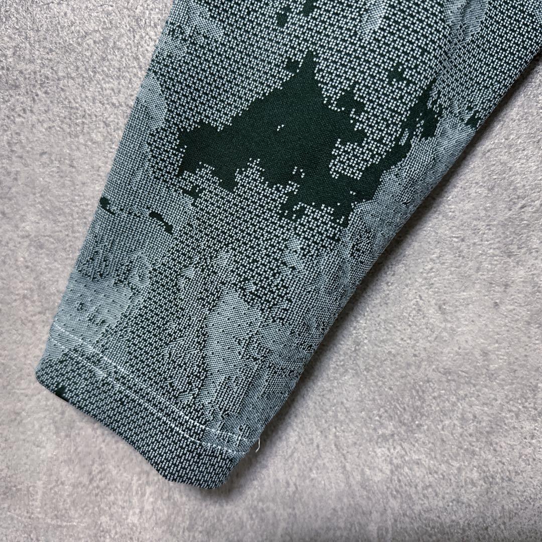 adidas アディダス 総柄 ハーフジップ シャツ ロゴ 長袖 グリーン系 M