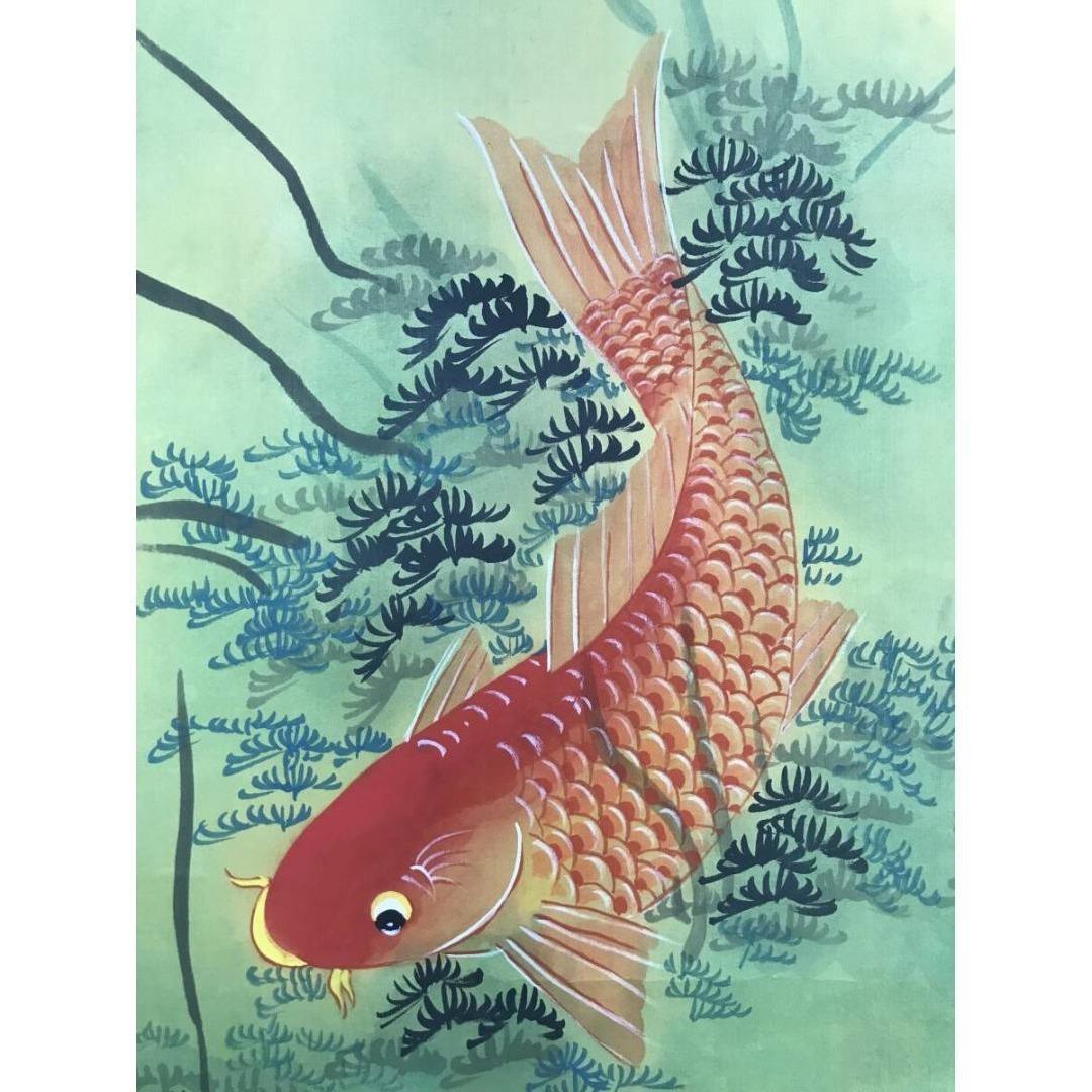 真作/作者不詳/鯉図/泳鯉/大幅/掛軸/名家伝来/AK-244