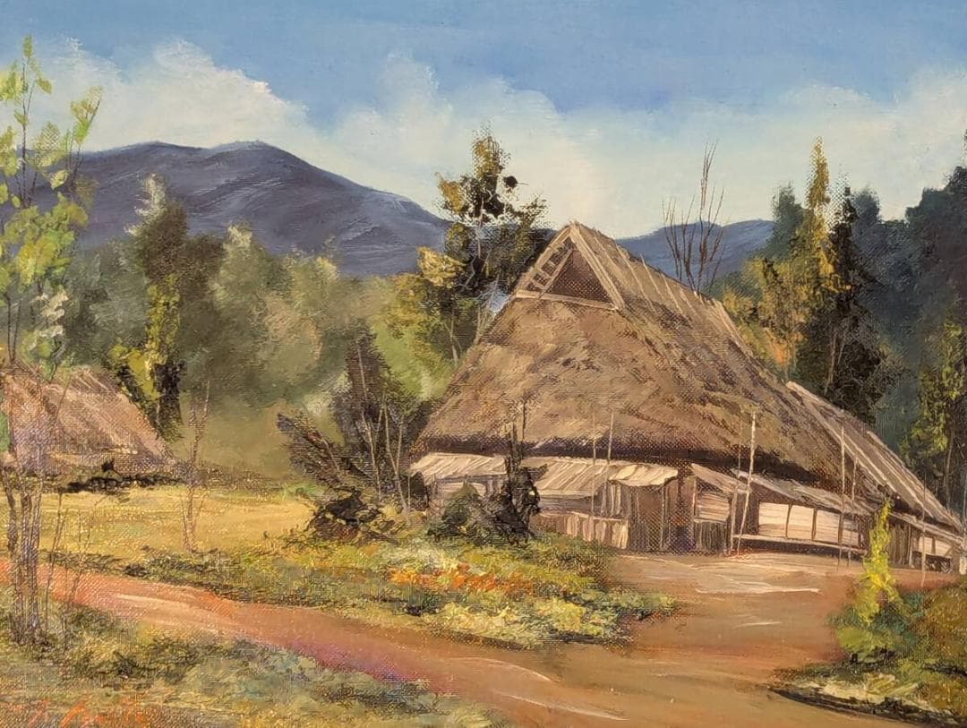 【真作】絵画　油彩6号　丹波路にて　古民家と田舎風景の静けさ　Z198