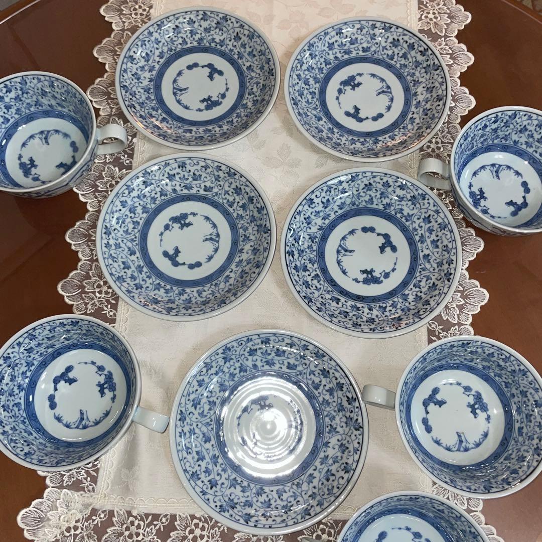 龍峯窯　染付唐草　スープカップ5個　ソーサー5枚セット　未使用