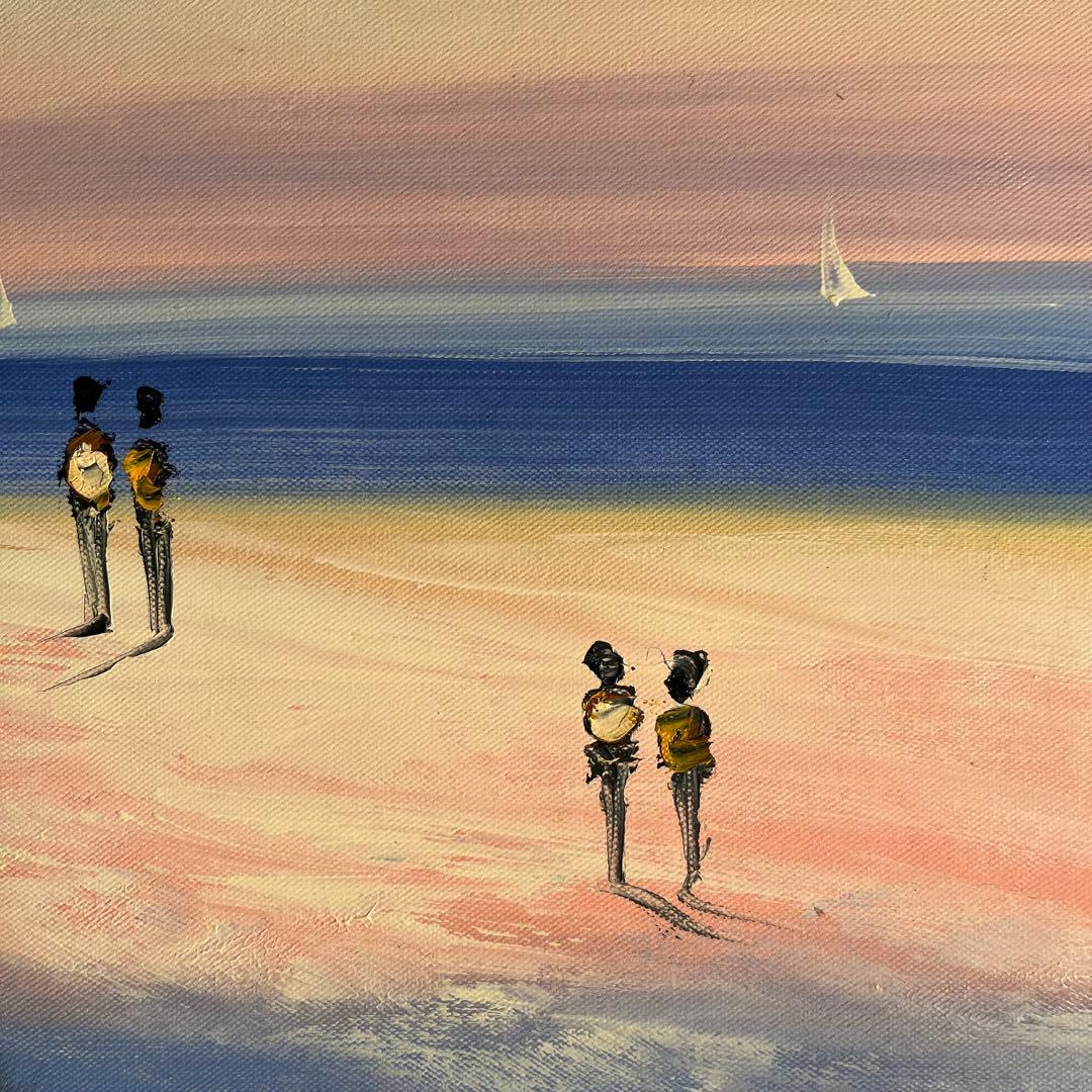 手描き油絵 夕暮れの海岸 額付 肉筆絵画 インテリア 油彩画
