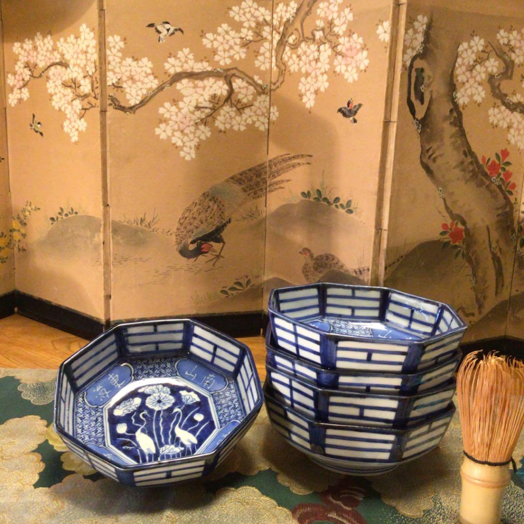 A363 古伊万里　染付　見込白抜白鷺に蓮　八角算木紋様　鉢　5客