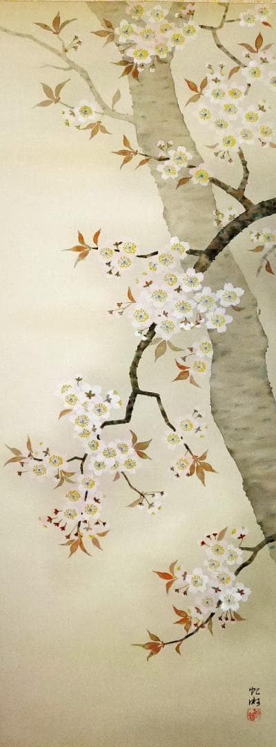 【良品】春用掛軸　桜　さくら◆絹本　肉筆　共箱付　日本画　美術品　花鳥　掛軸