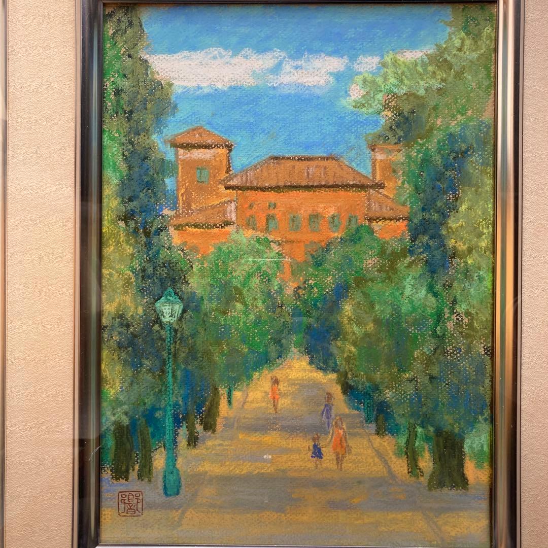 石川響 「ローマ　ボルゲーゼ公園」額縁約52×43パステル画約33×24cm