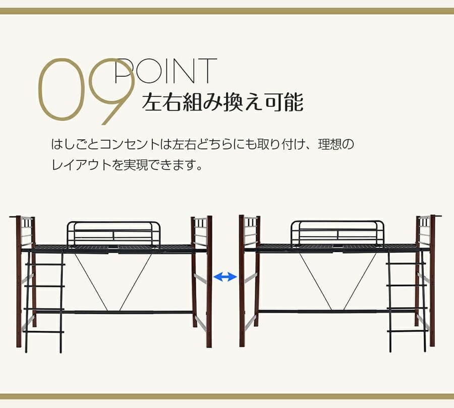 【高さ140cm】ロフトベッド パイプベッド シングル北欧風 Black