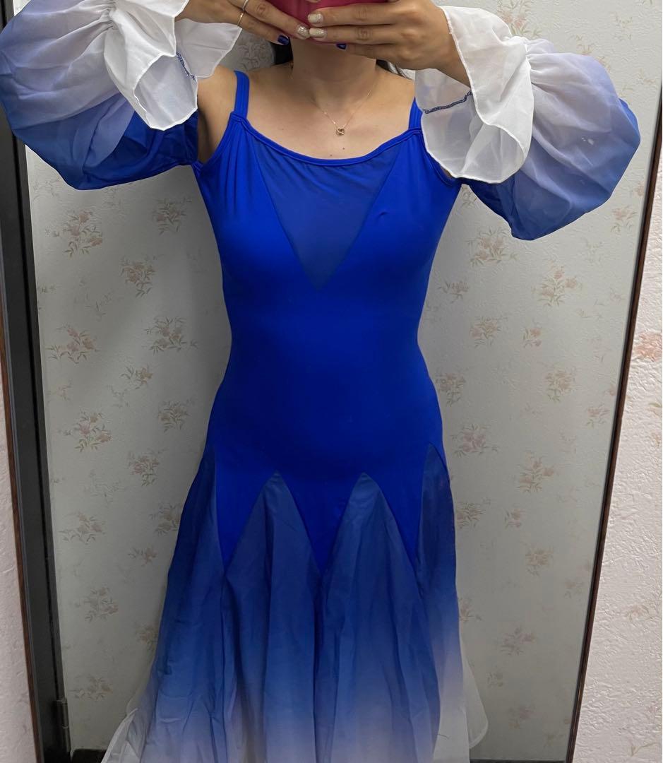 社交ダンスドレス 石なし Sサイズ 美品 used 青 ブルー 黒　ブラック