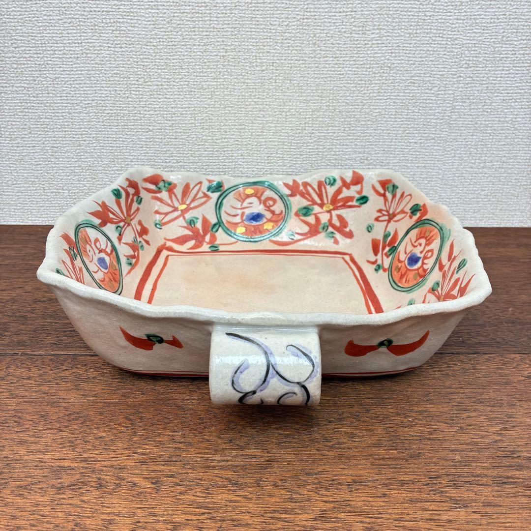 美濃焼 角皿 赤絵花文 耳付き 大鉢 金彩