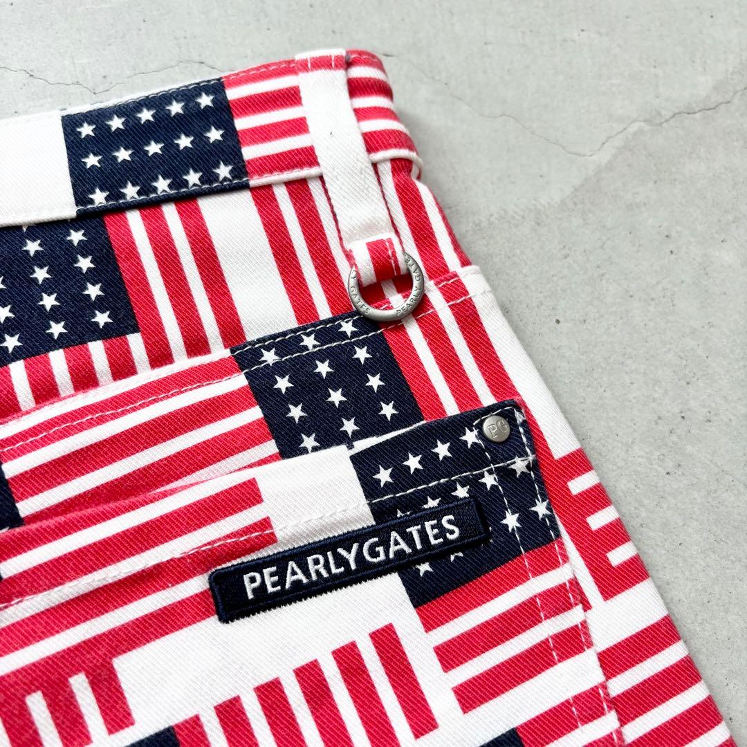 【美品】PEARLY GATES 星条旗 総柄 ストレッチロングパンツ ロゴ刺繍