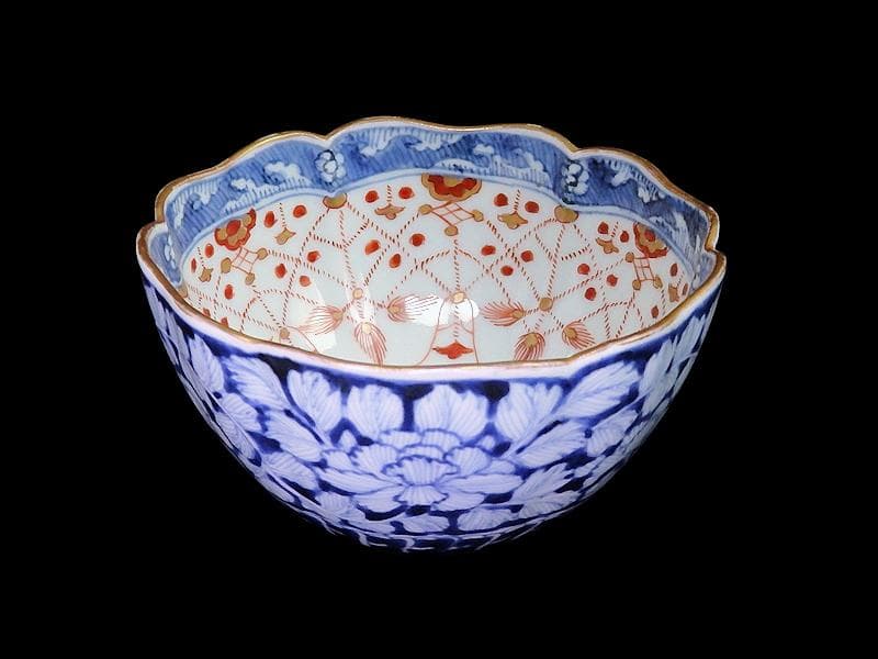 古伊万里　染錦　瓔珞紋に牡丹の図　向付　E749AS-DCu