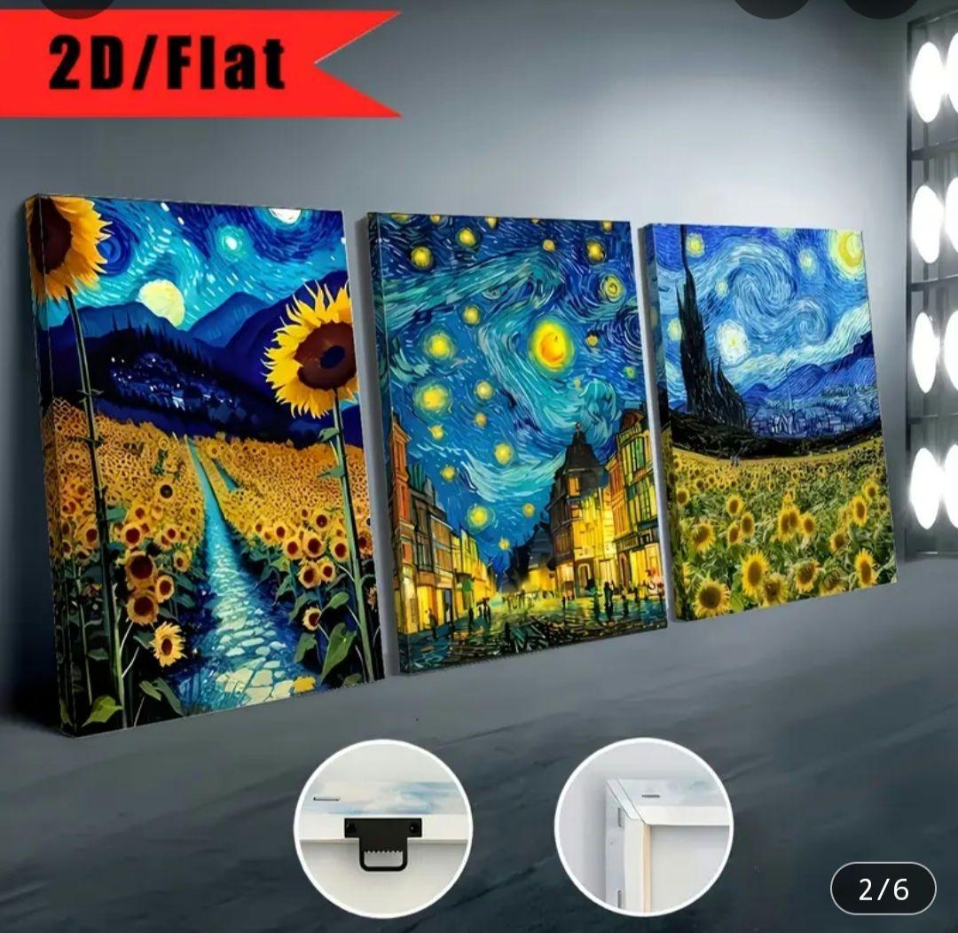 【額入り】ゴッホ 星月夜 ひまわりデザイン超軽量 キャンバス 風景画 3点セット