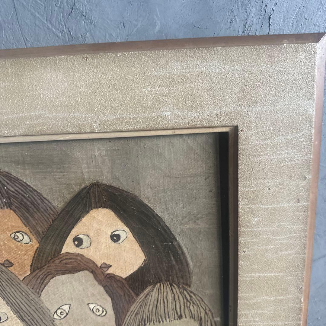 シュールでかわいすぎて驚き❣️ヴィンテージ油彩画 人物画 フレーム付き