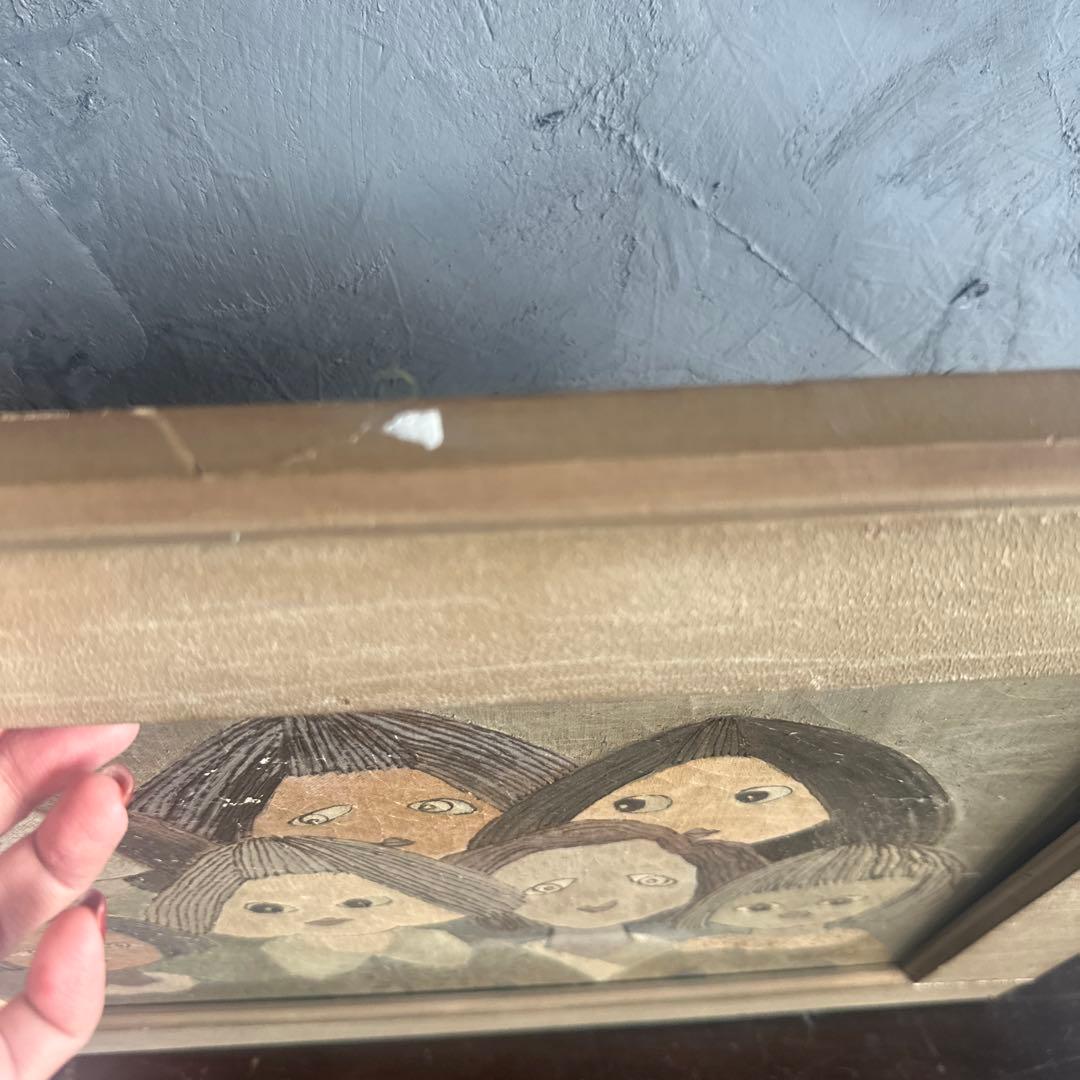 シュールでかわいすぎて驚き❣️ヴィンテージ油彩画 人物画 フレーム付き