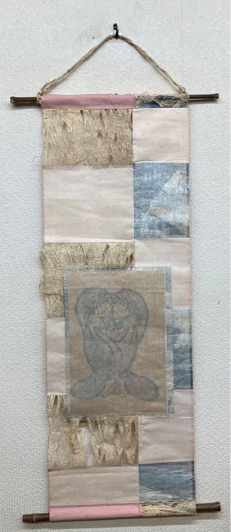 B155s  寒山拾得図  壁飾り　治海画　麻布　掛軸様式　彩墨画　布和紙表装