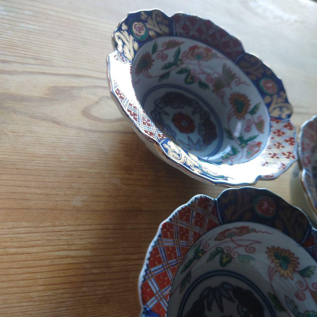 【未使用】有田焼 染錦 金襴手 膾皿 3客セット 輪花 窓絵 鉢 骨董風