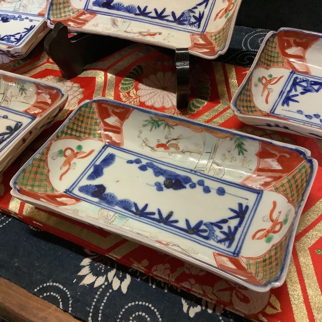 古伊万里　絵皿　金欄色絵　長方皿　5客　幕末　輪島塗・大聖寺・九谷・李朝好きにも