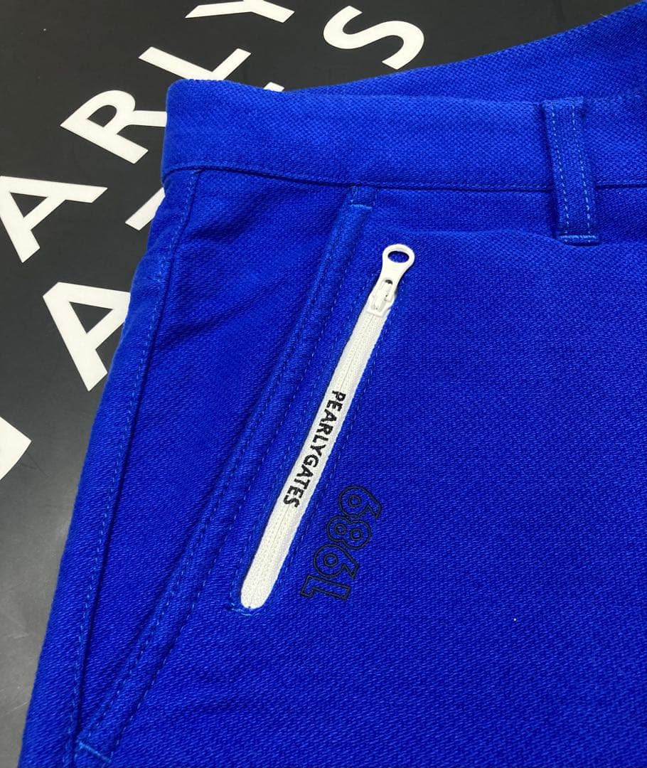 新品 パーリーゲイツ コットンストレッチバーズアイ表起毛パンツ(5)サイズL/青
