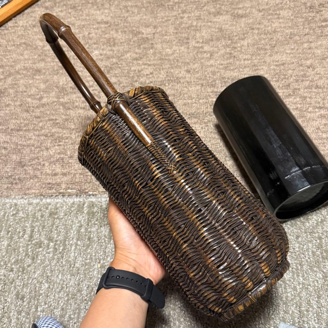 職人手作り 竹 花入 籠 竹職人 毛利健一 （号 有彩）作 竹編み竹工芸 花器