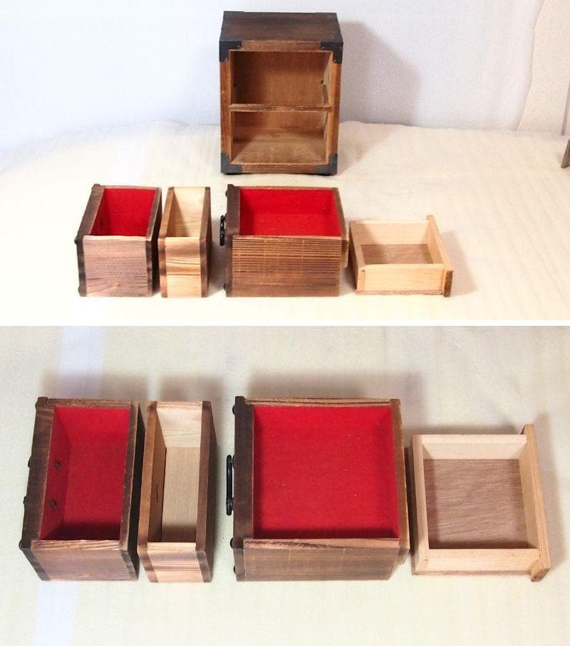 【良品】焼杉 隠し収納付き小引き出し＆裁縫箱 からくり収納/針箱 家具インテリア