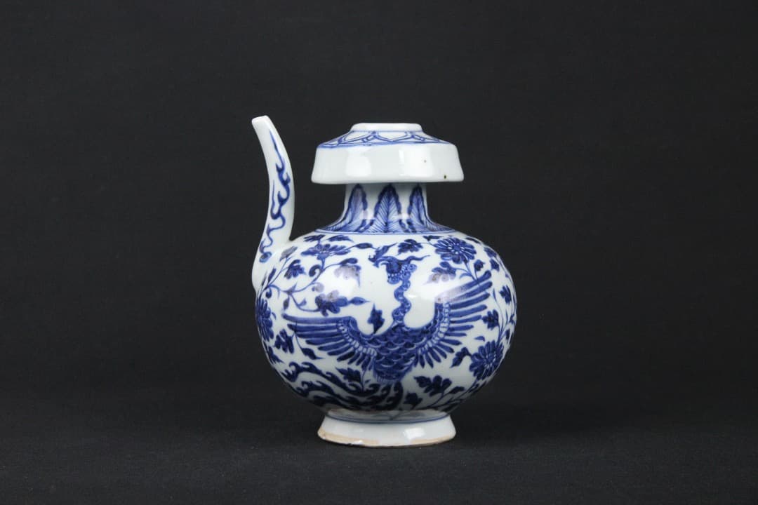 中国美術　青花　鳳凰花卉文　執壺　景徳鎮　明　中国古陶磁　時代物 EOM21-4