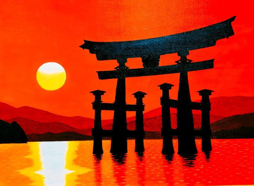 ★厳島神社鳥居・肉筆油彩画・F6キャンバス
