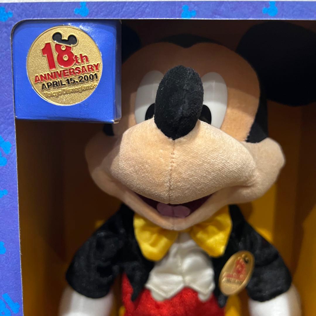 希少！TDL 18周年 ミッキーぬいぐるみ (ピンバッチ付) 保存状態◎