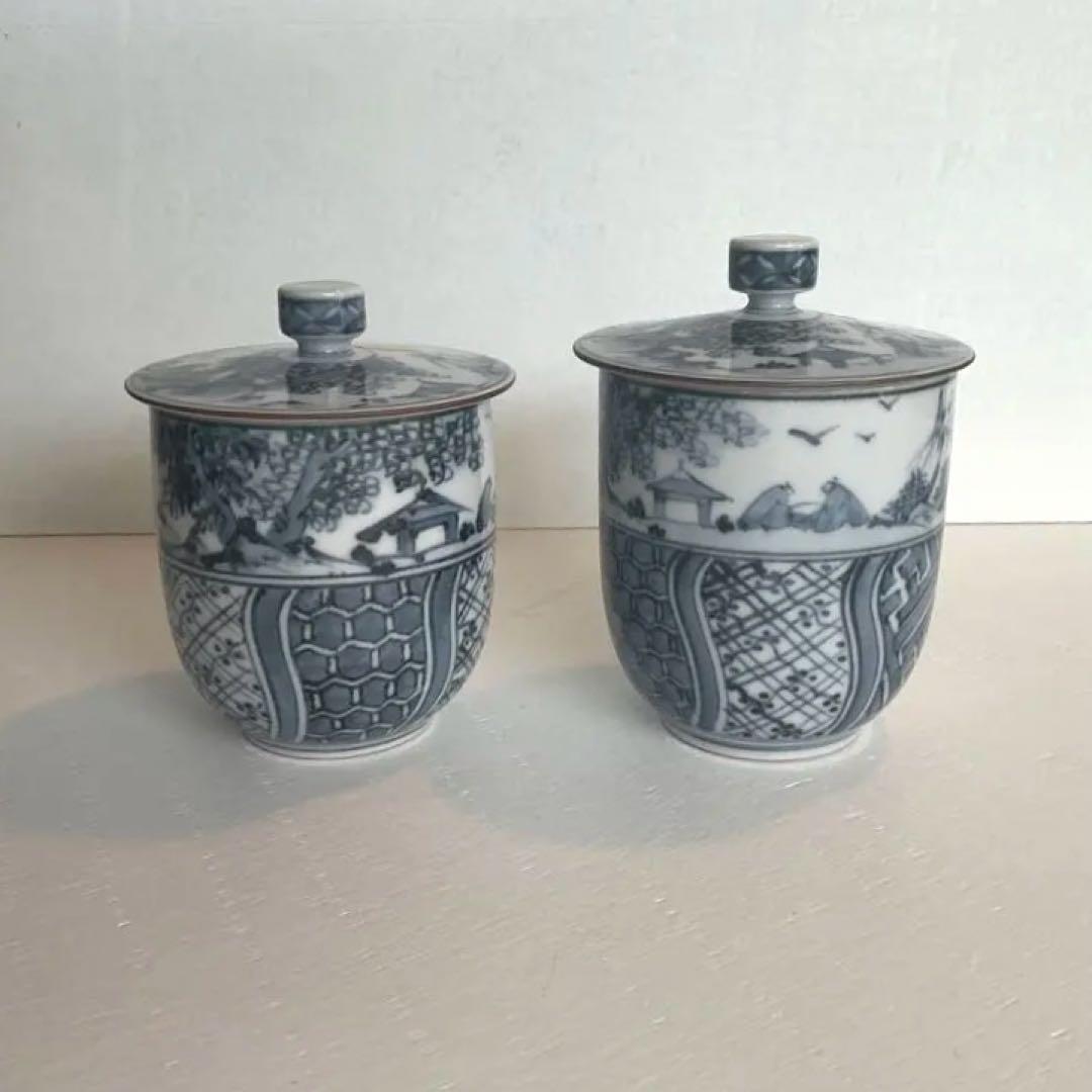 ⭐︎新品⭐︎ 清水焼 平安瑞昭染付風景文　フタ付夫婦茶碗2客木箱付　【宅配便送料込】