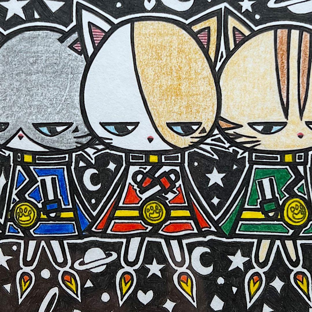 動物 原画 絵 手描き 癒し 猫 アート 一点物 額縁付『モフレンジャー』