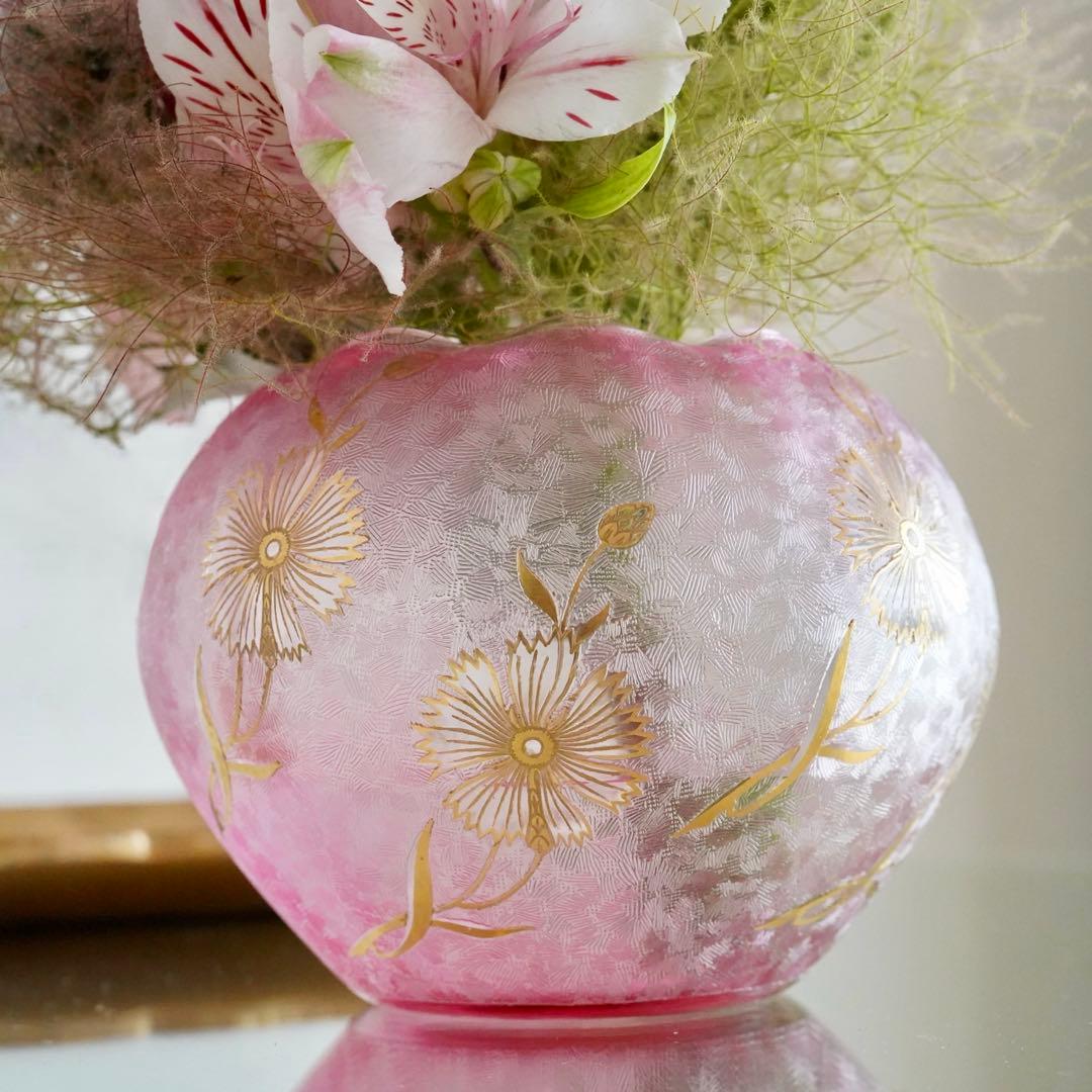 極希少★美品1900年 オールド サンルイ 金赤＆金彩 アシッドエッチング 花瓶