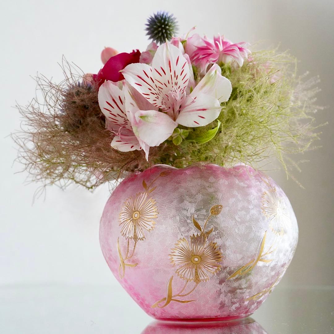 極希少★美品1900年 オールド サンルイ 金赤＆金彩 アシッドエッチング 花瓶