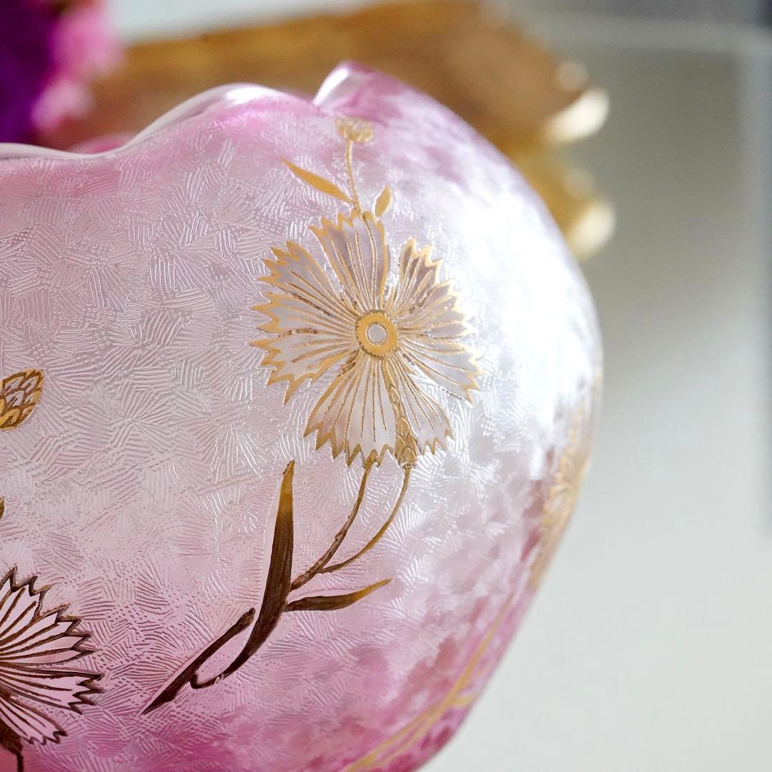 極希少★美品1900年 オールド サンルイ 金赤＆金彩 アシッドエッチング 花瓶