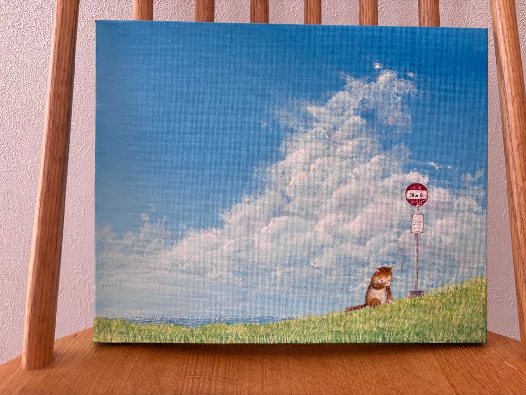【待ちぼうけ】　アクリル画　原画　海　猫　風景