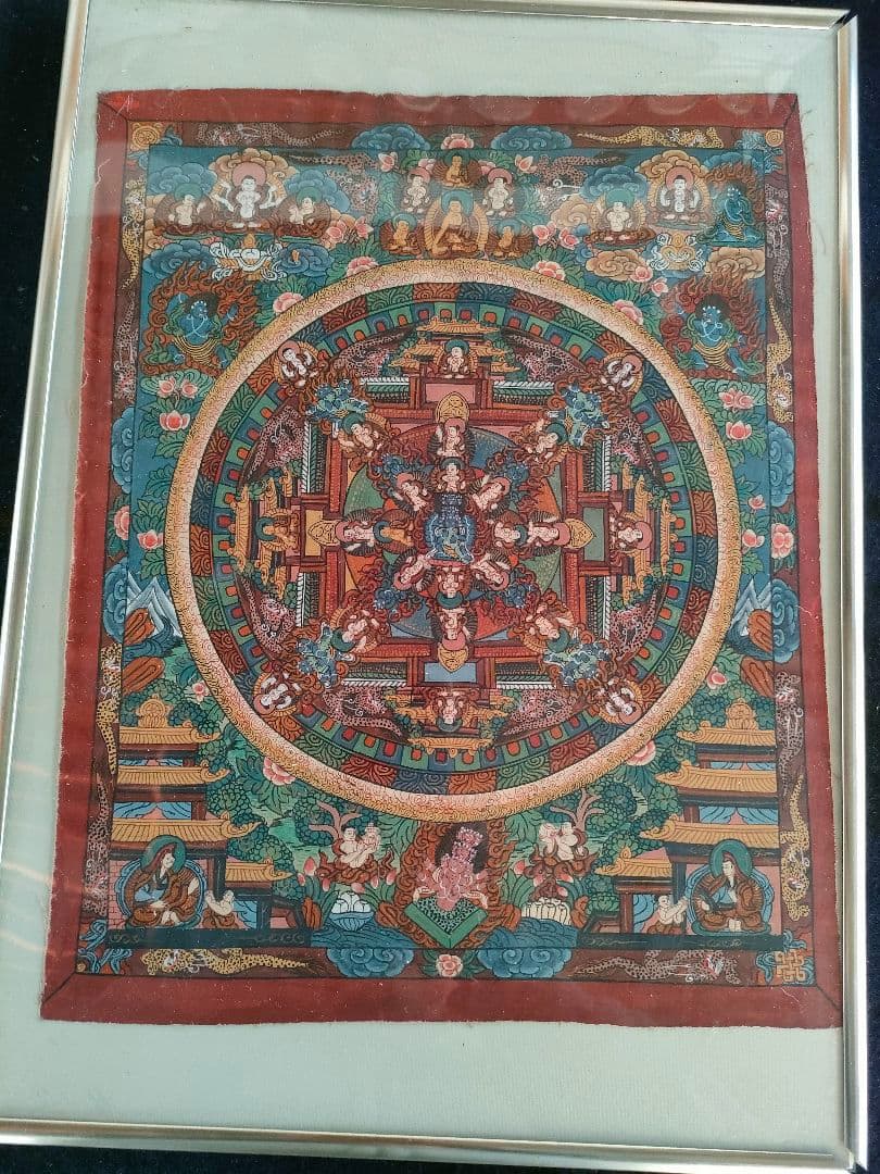 ●チベット仏教 曼荼羅 タンカ 肉筆 ヤブユム 忿怒尊仏画細密画額装ネパール美術