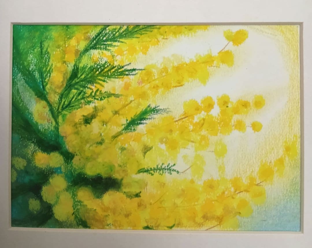 ミモザ　オイルパステル原画 額付き