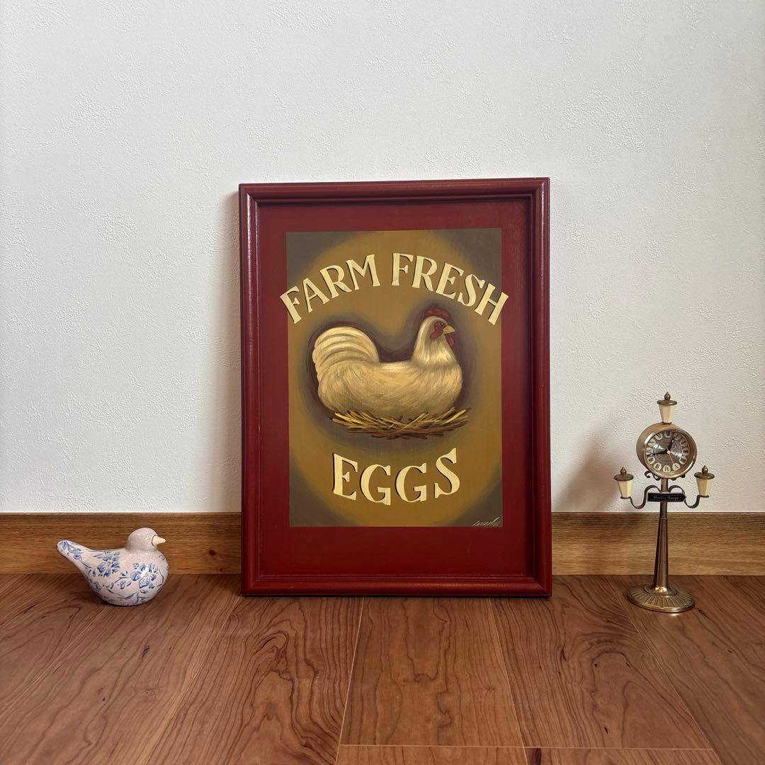 アメリカ製 ハンドペイント　ニワトリの額絵