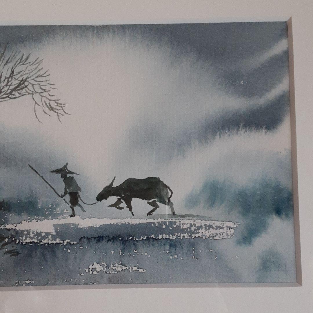 水彩画　牛と人物　風景 S