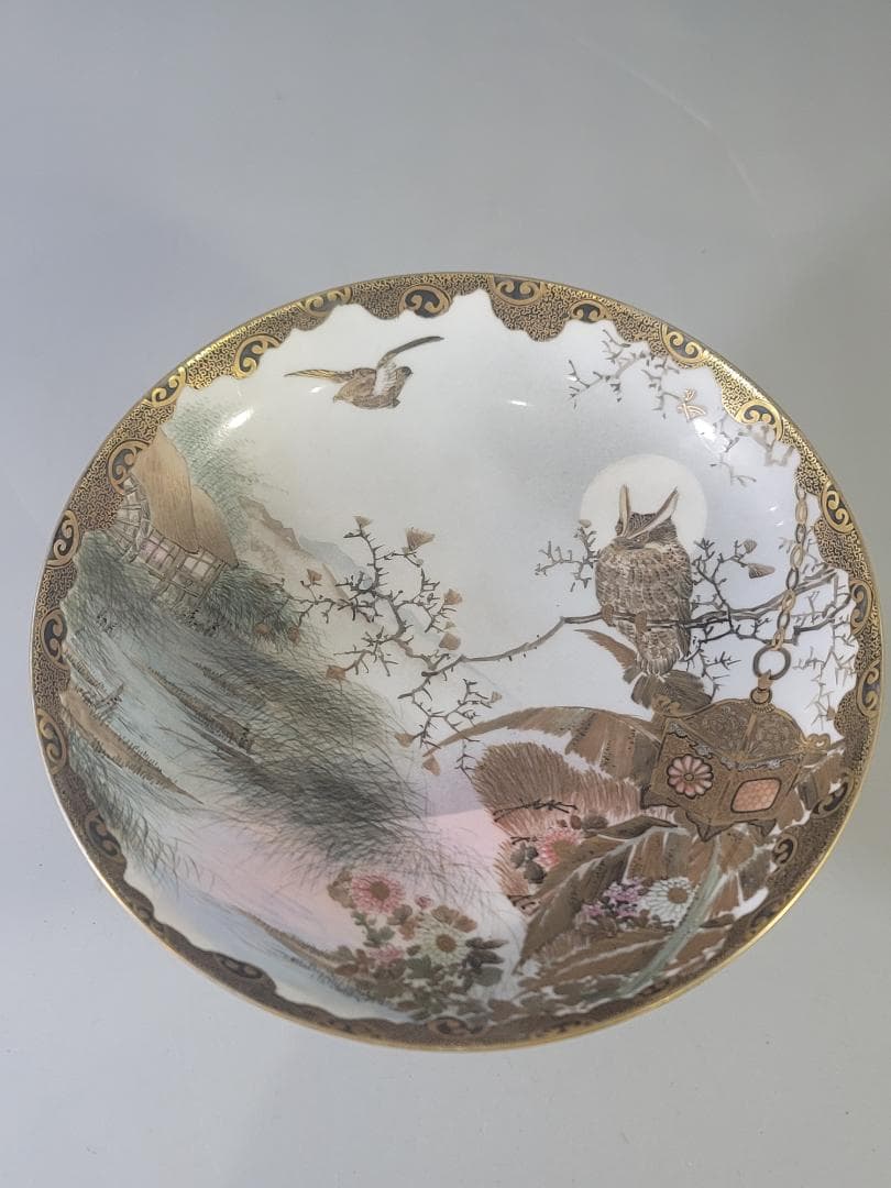 明治 九谷 金彩 草花鳥梟細密画 高碗 超絶技巧 美品 DT803