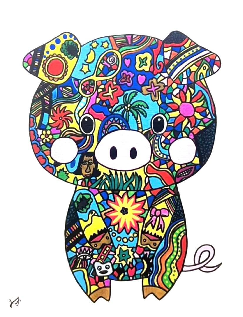 【F6号】ジミー大西（PIG）手描き/表裏サイン有り/油彩/アクリル/絵画/額縁