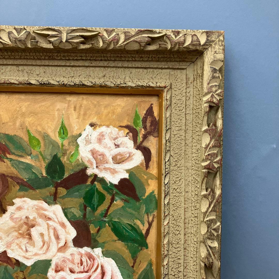 薔薇 油彩画 額装 豪華アンティーク 額縁 静物画 壁飾り 壁掛け 立掛け