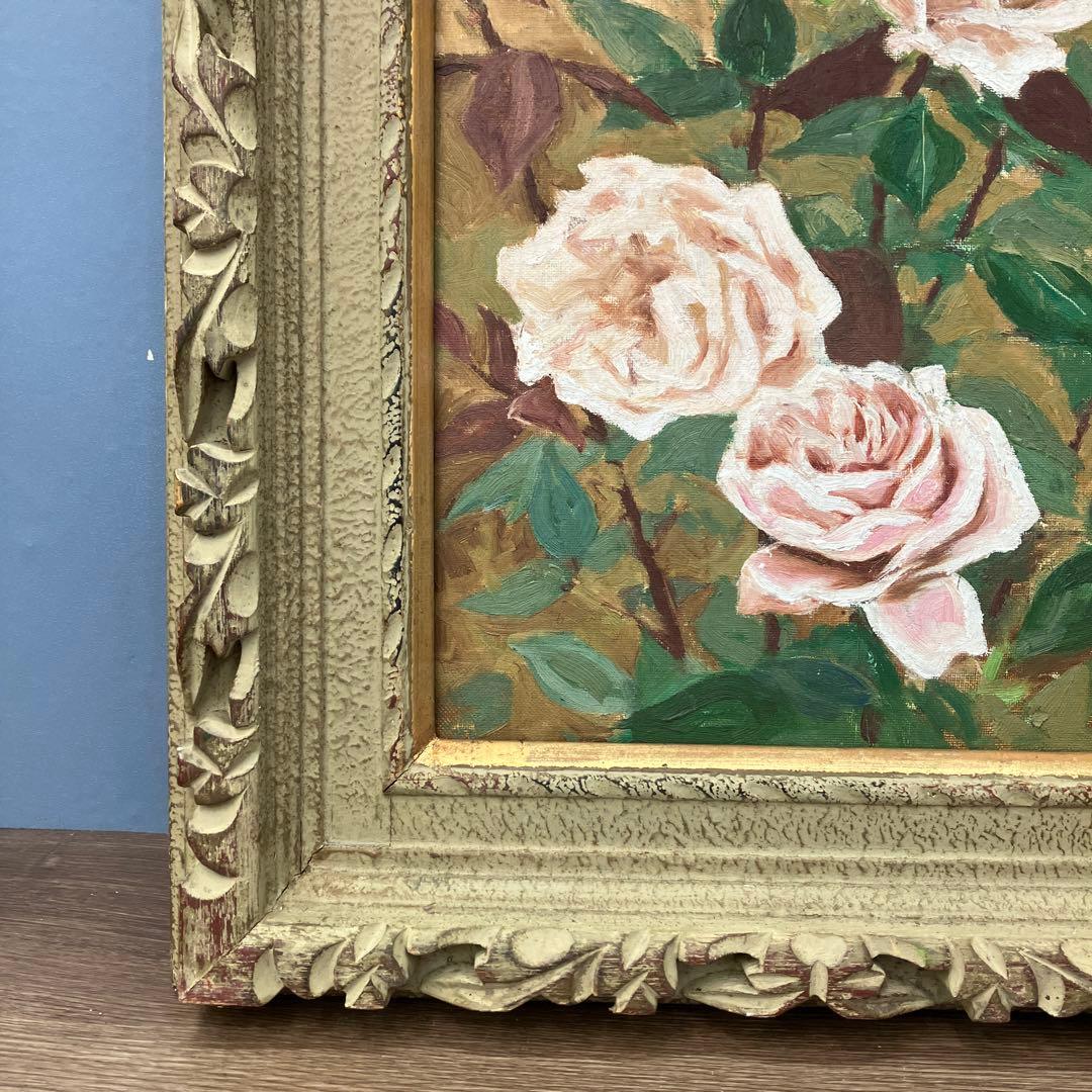 薔薇 油彩画 額装 豪華アンティーク 額縁 静物画 壁飾り 壁掛け 立掛け