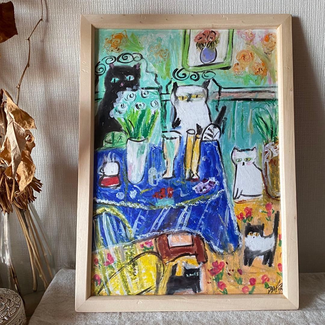 絵画 。手描き【花と食べ物でいっぱいのレストラン、猫たちの楽しいデートと遊び】