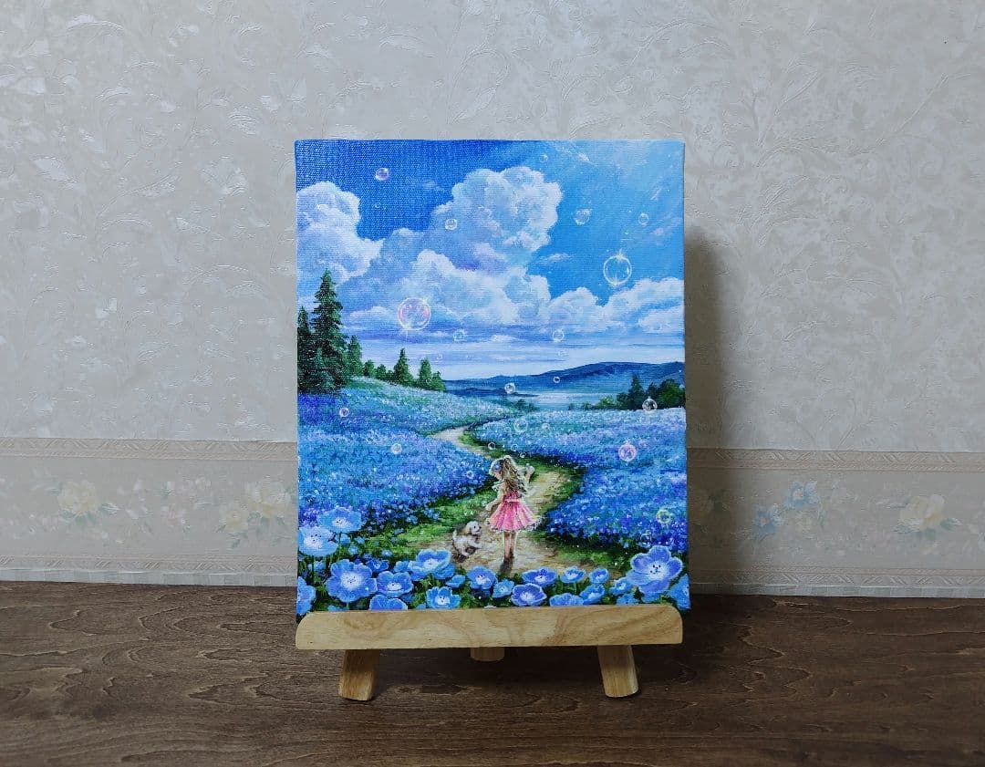 【ネモフィラ散歩道】アクリル画 F3 風景画 絵画