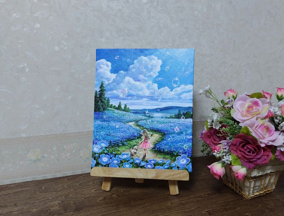 【ネモフィラ散歩道】アクリル画 F3 風景画 絵画