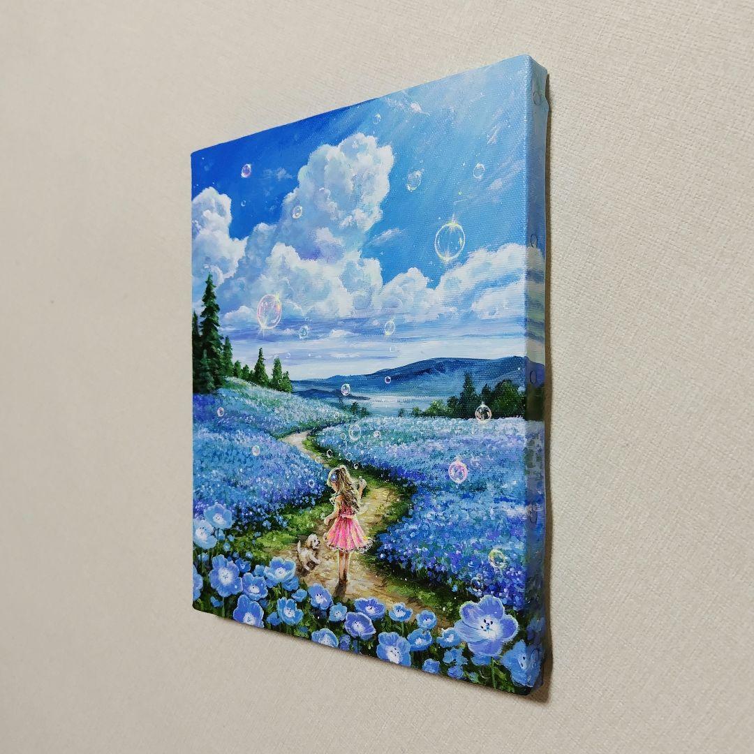 【ネモフィラ散歩道】アクリル画 F3 風景画 絵画